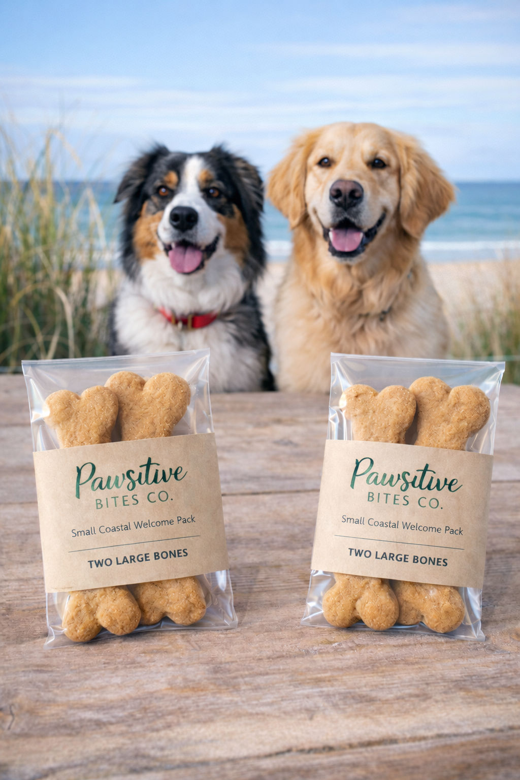 Two happy dogs at the beach behind packs of Pawsitive Bites Co. handmade treats