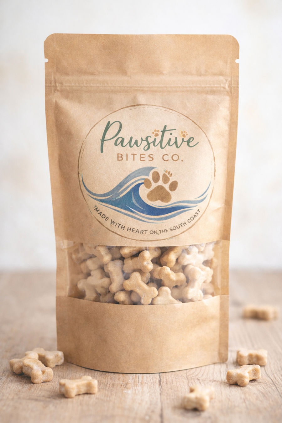 A kraft pouch of Pawsitive Bites Co. bone-shaped dog treats