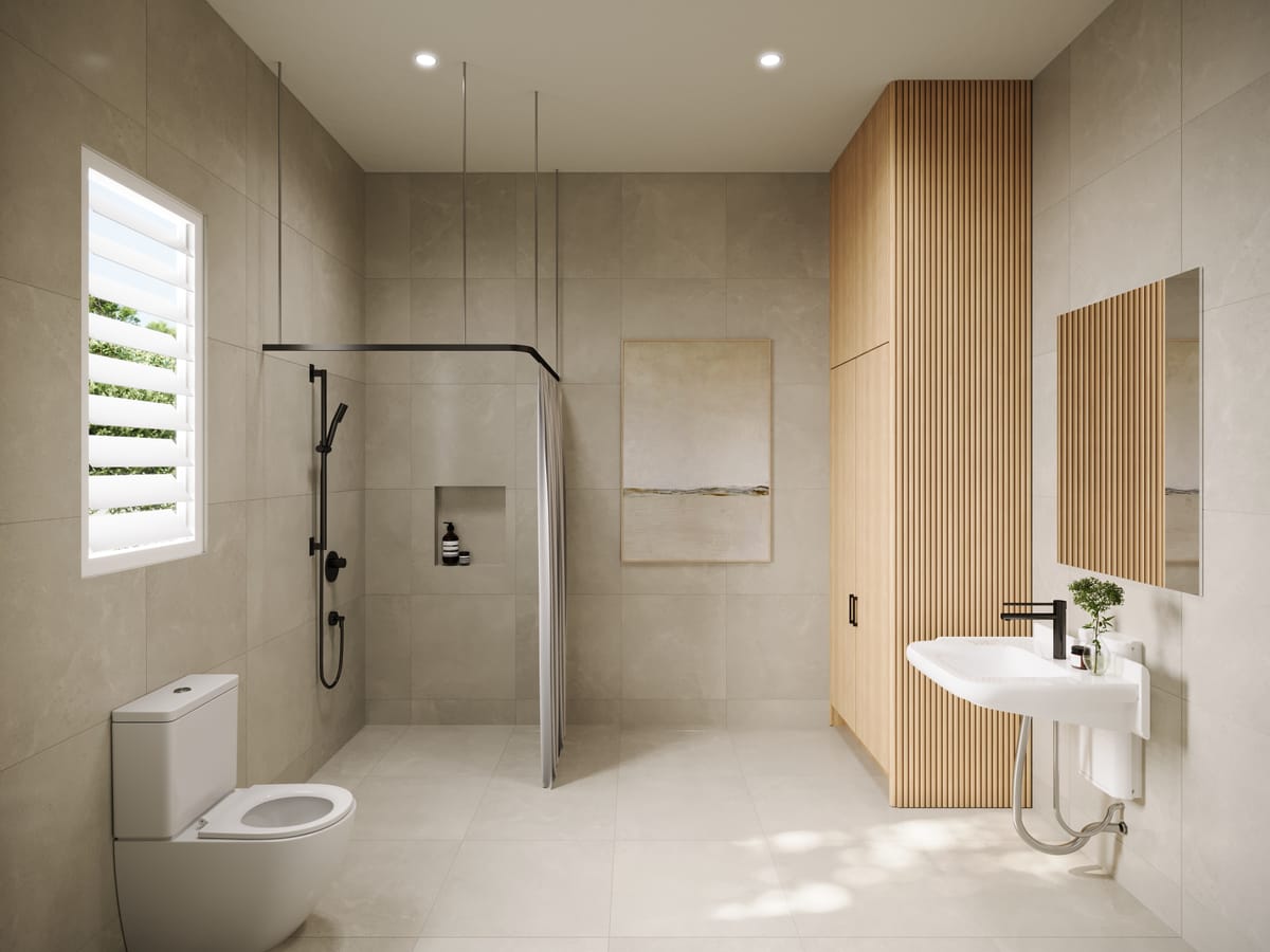 Render of the accessible bathroom with roll-in shower and grab rails