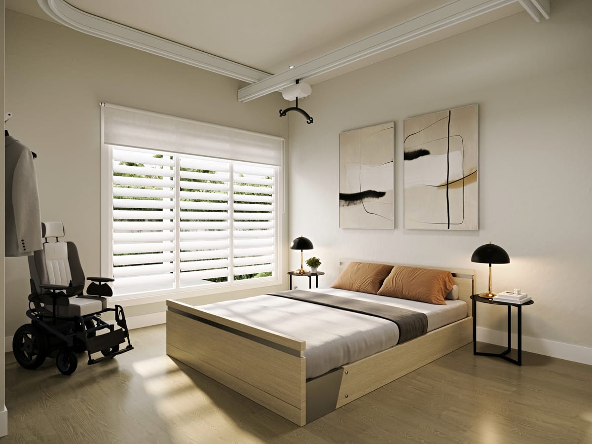Render of a bedroom with space for equipment and a hoist beside the bed