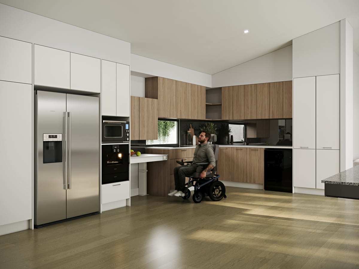 Render of the accessible kitchen with generous bench space and clear circulation
