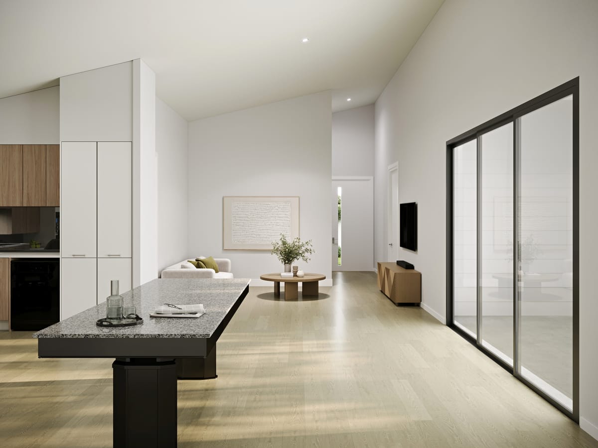 Render of the open-plan living area, with wide clear floor space and large windows
